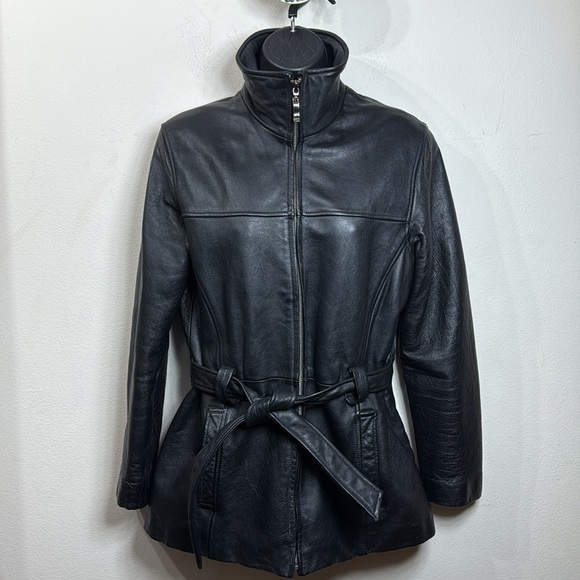 (P1) Kathy Ireland Jacket Black genuine leather belted coat, size S - Picture 6 of 15